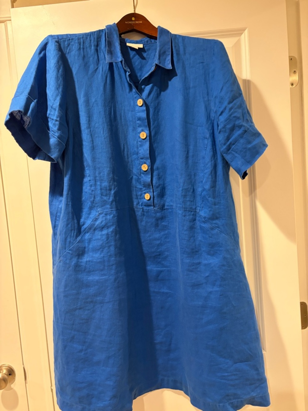 J. Jill Bright Blue Short-Sleeve Button-Front Shirt Dress XL Linen